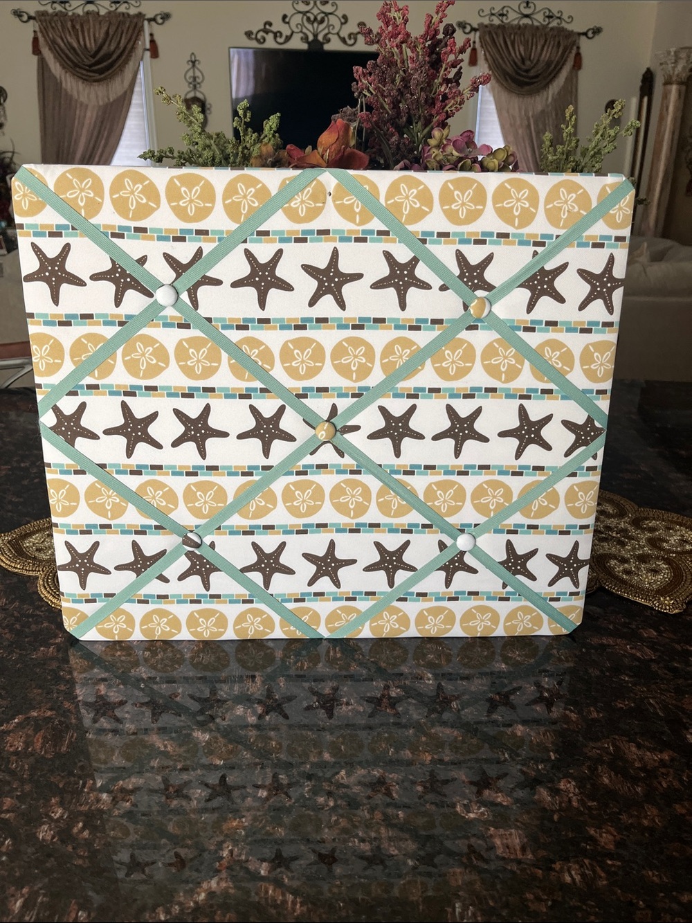 Beach Starfish and Shell Ribbon Memo Material Board 19 x 16 Brown Tan & Aqua